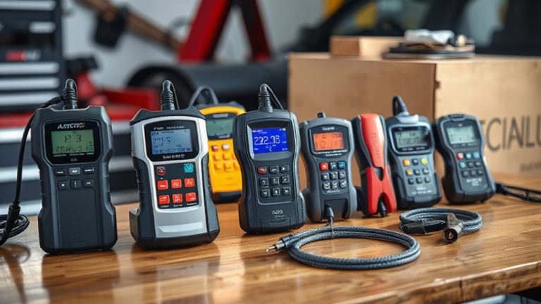 Automotive battery testers lined up for diagnosing vehicle battery health