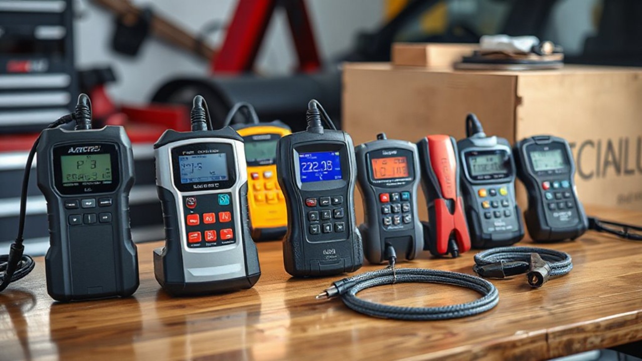 Automotive battery testers lined up for diagnosing vehicle battery health