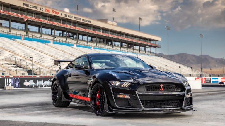Black Ford Mustang Shelby GT500 parked at Las Vegas Motor Speedway