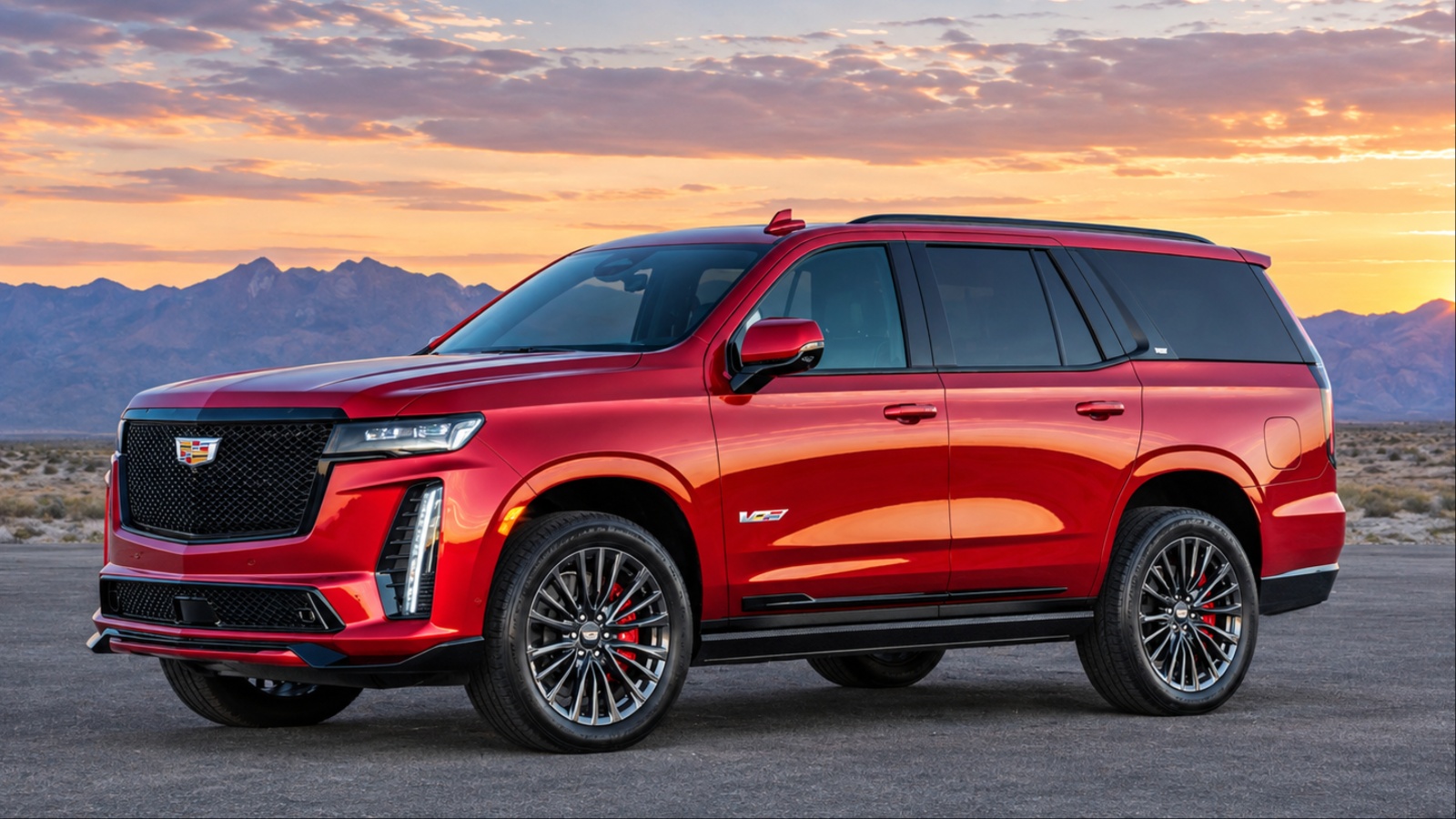 A Cadillac Escalade is standing on a flat runway