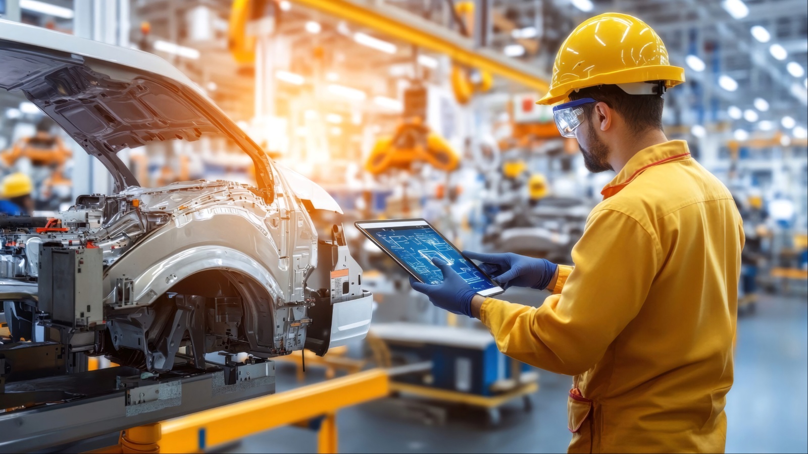 Factory worker inspecting car chassis with digital tablet in assembly plant