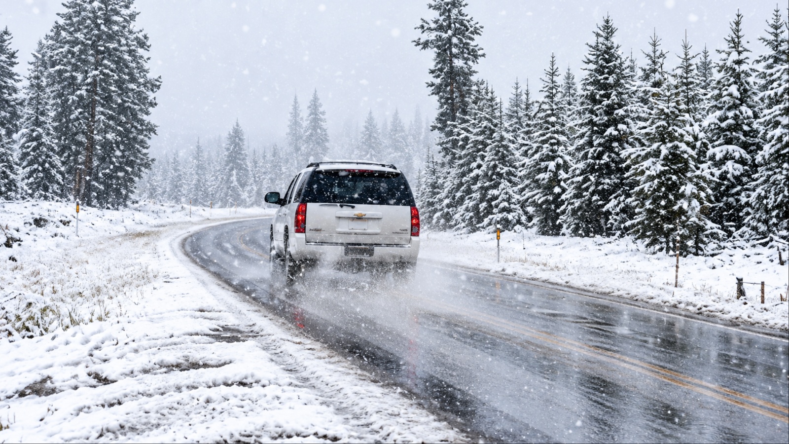 White SUV driving on snowy road through forest in winter