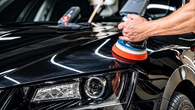 Car scratch removal using a polishing machine on black paint