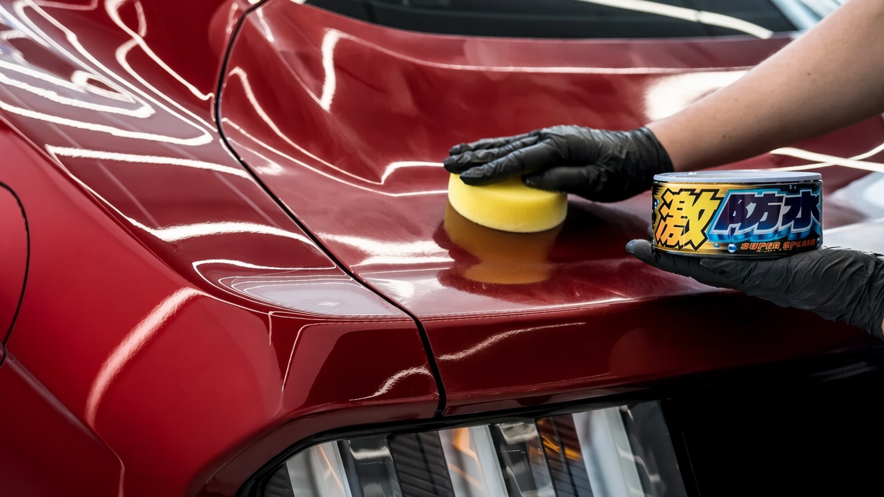 Car wax being hand-applied to a red vehicle’s glossy paint for added shine and protection