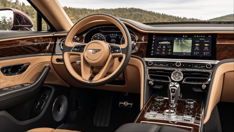 Elegant Bentley interior with tan leather and polished wood trim