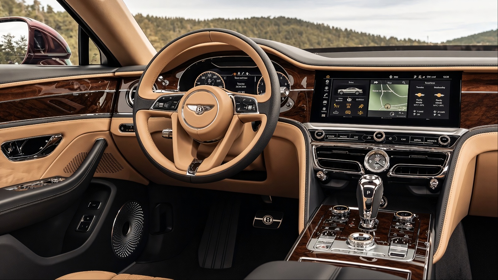 Elegant Bentley interior with tan leather and polished wood trim