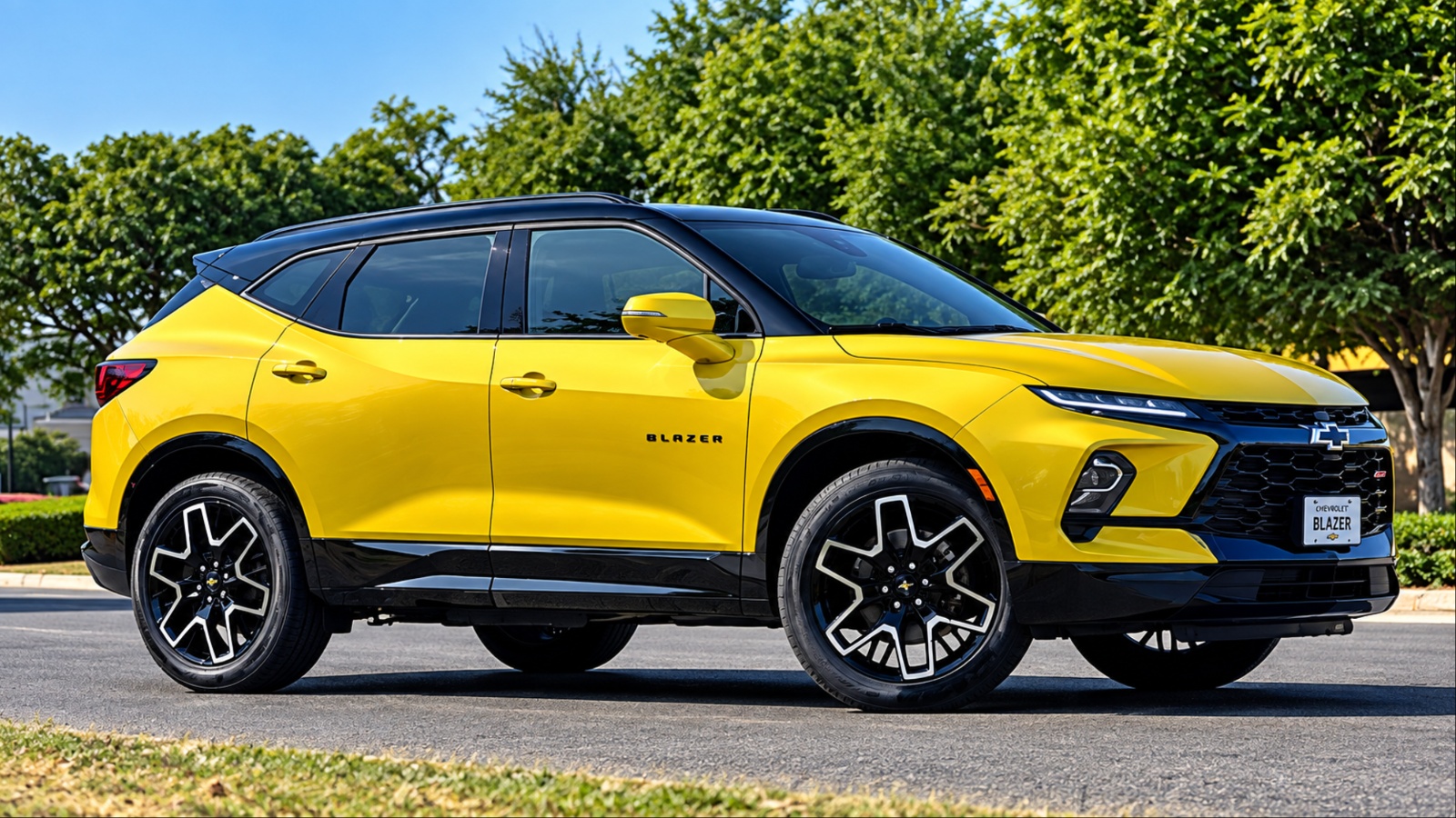 Chevrolet Blazer parked on a road with a vibrant yellow exterior