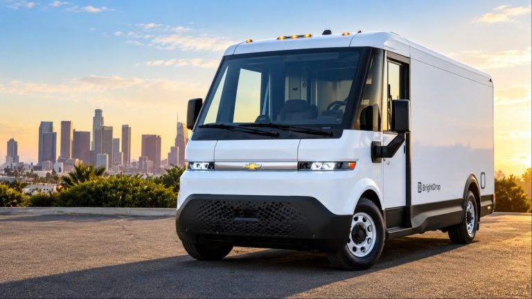 Chevrolet BrightDrop Zevo 600 electric delivery van overlooking a city skyline