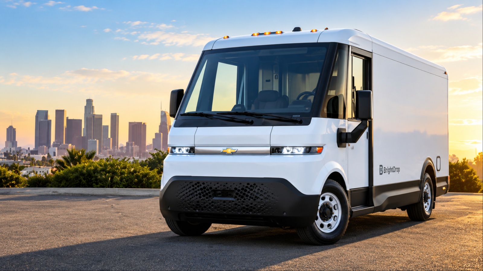 Chevrolet BrightDrop Zevo 600 electric delivery van overlooking a city skyline