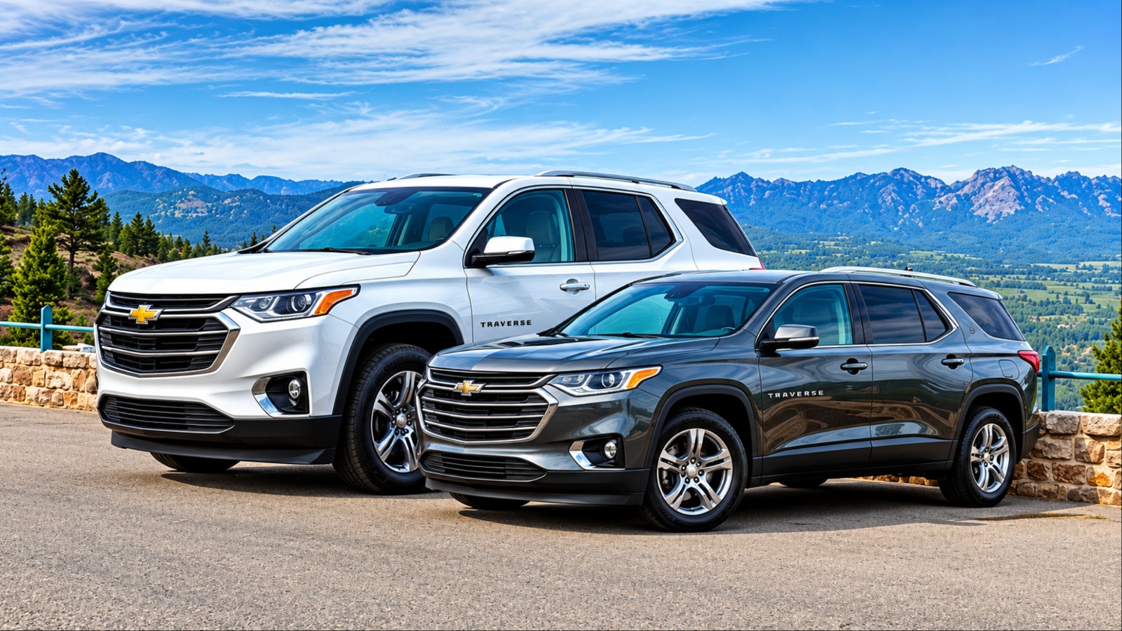 White and dark gray Chevrolet Traverse SUVs near scenic mountains