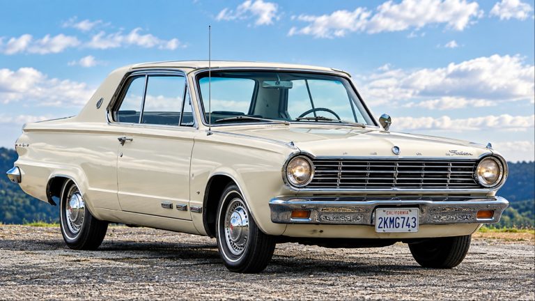 Classic Dodge Dart parked against a scenic backdrop, showcasing its distinctive vintage styling and chrome details