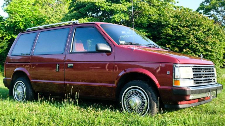 Classic Plymouth Voyager minivan parked on grass beneath trees in bright daylight