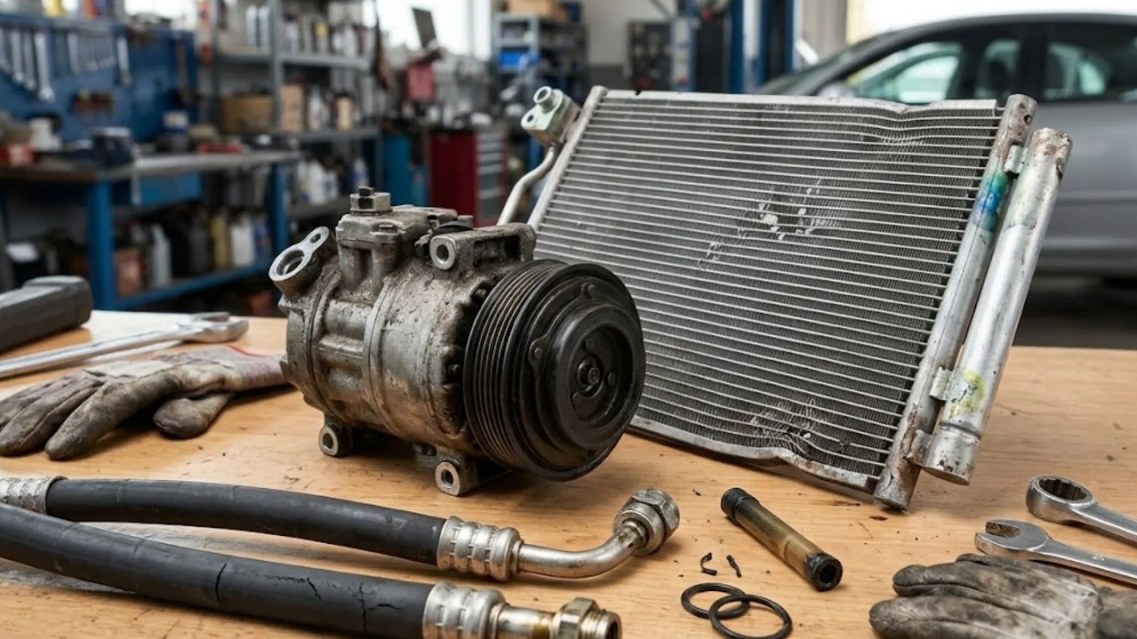 Common automotive AC components, including a compressor, condenser, hoses, and fittings
