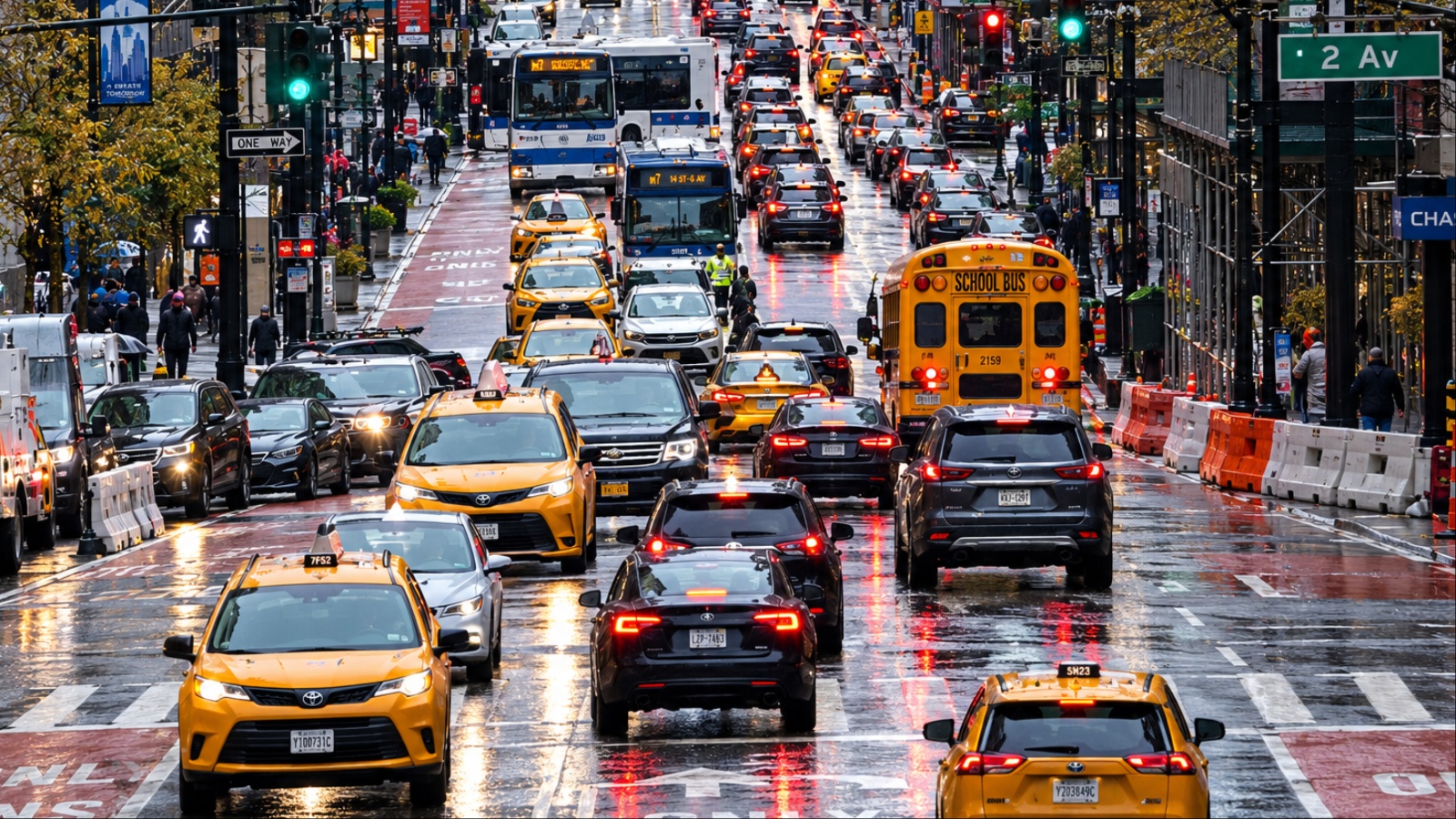 Busy rainy New York City street filled with yellow taxis
