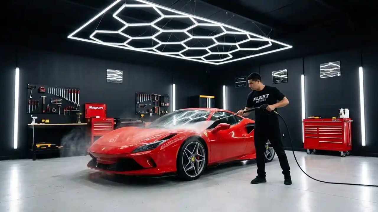 Detailing specialist pressure-washes a Ferrari inside a professional detailing garage