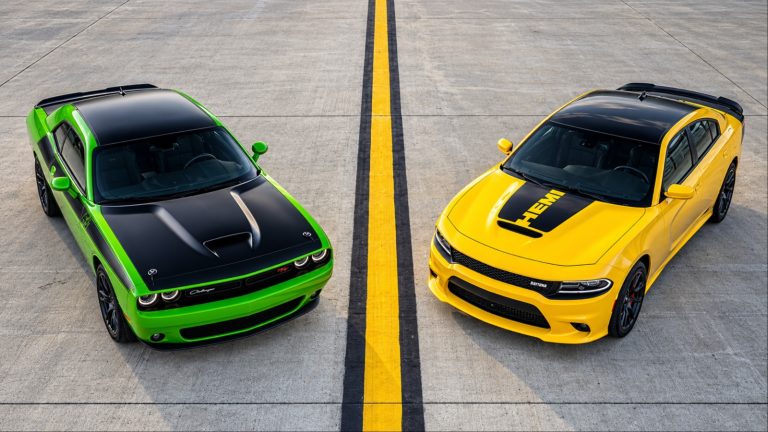 Dodge Challenger T/A in green and the Dodge Charger Daytona
