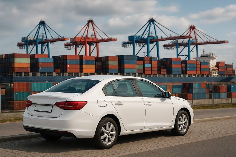 Dongfeng Aeolus E70 sedan parked near a busy port