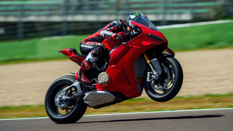 Ducati Panigale V4 S launching hard out of a corner on the racetrack