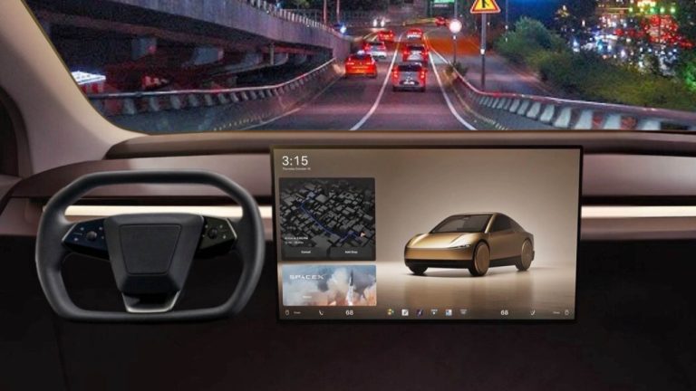 Tesla Cybercab interior with a steering-wheel-free design and large central touchscreen