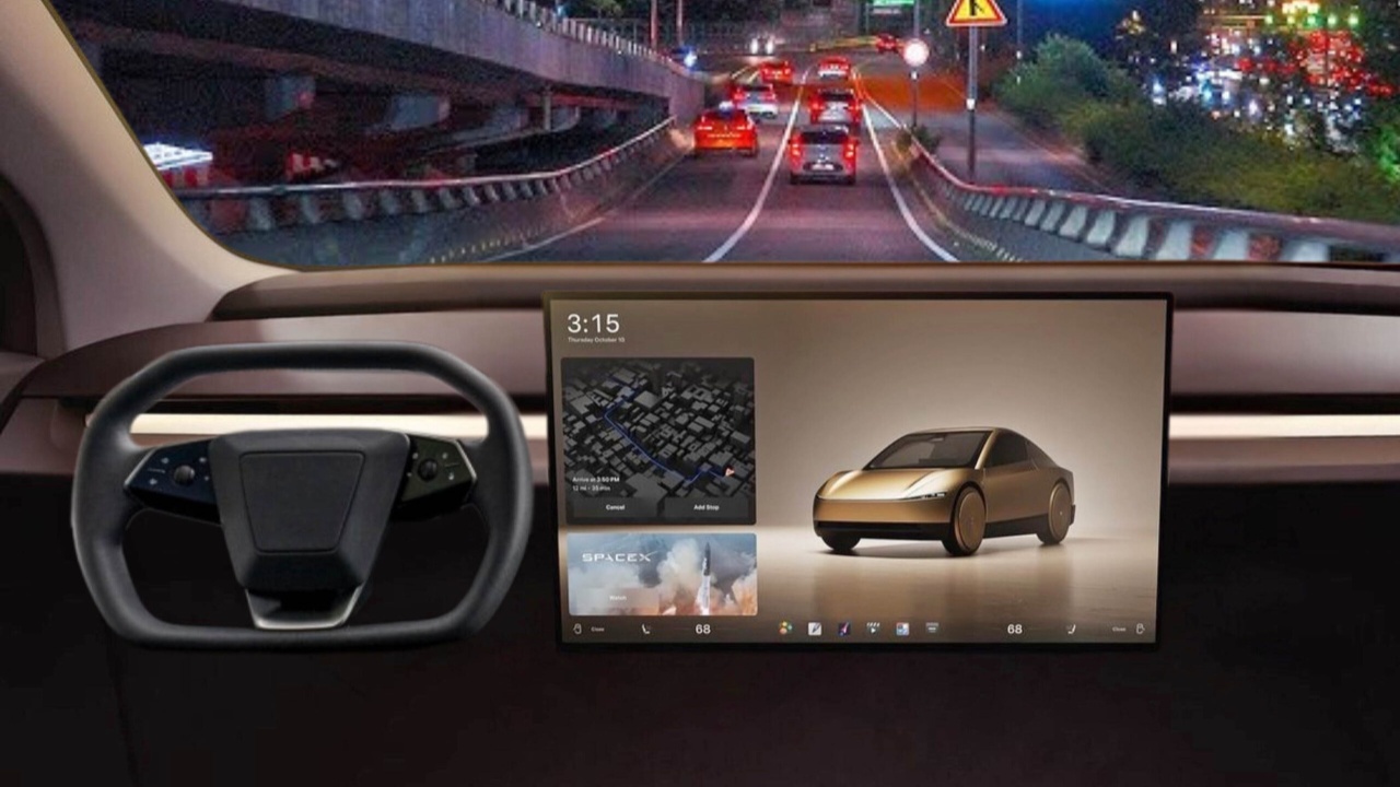 Tesla Cybercab interior with a steering-wheel-free design and large central touchscreen