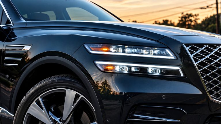 Black luxury SUV front close-up showing headlights and chrome grille