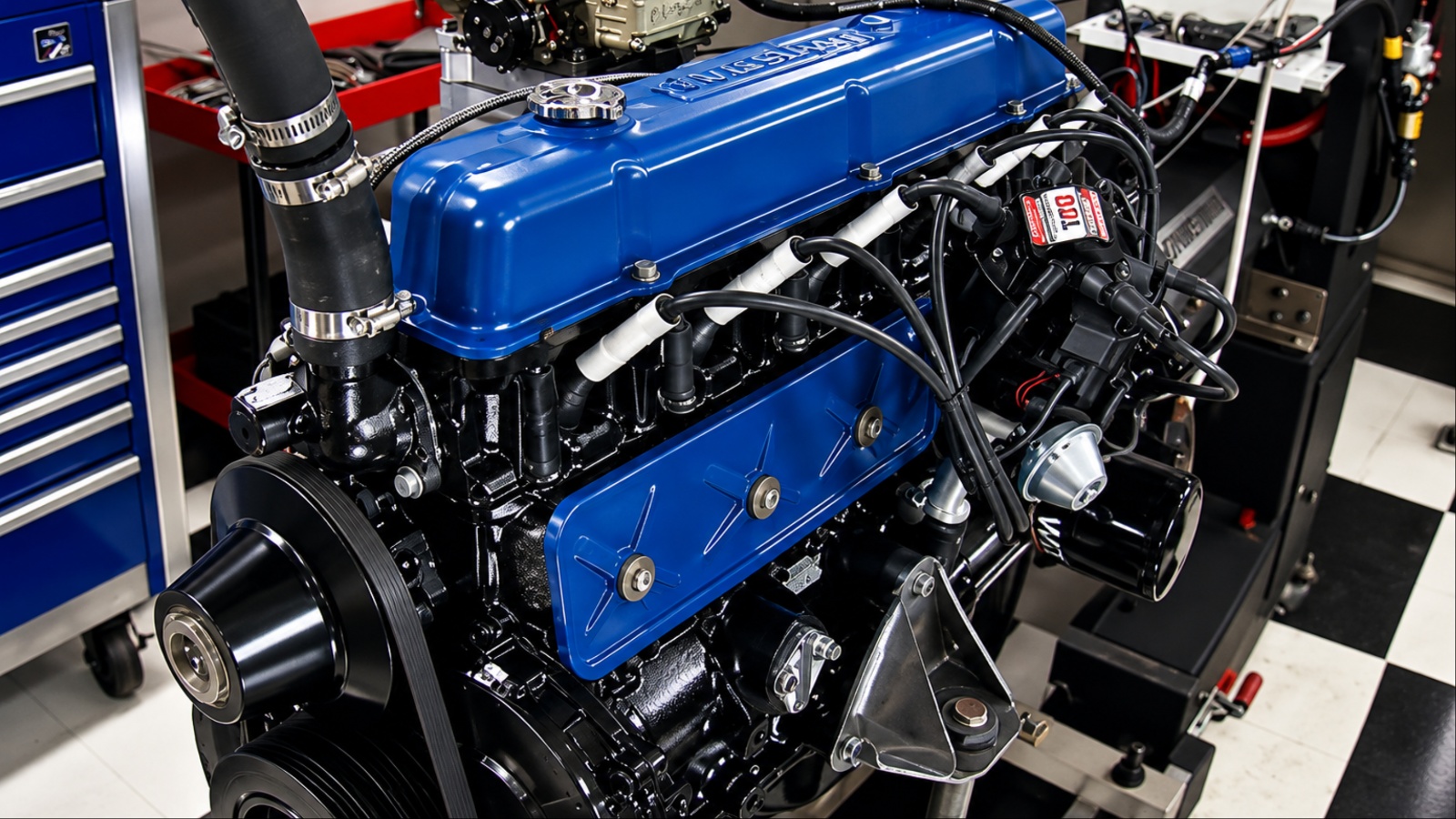 A blue ford engine is shown in a closed room