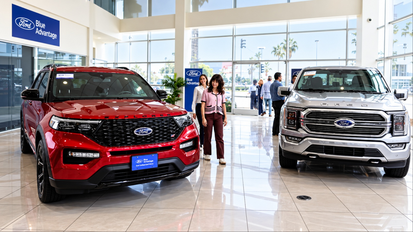 A dealership is shown with some cars surrounded by customers