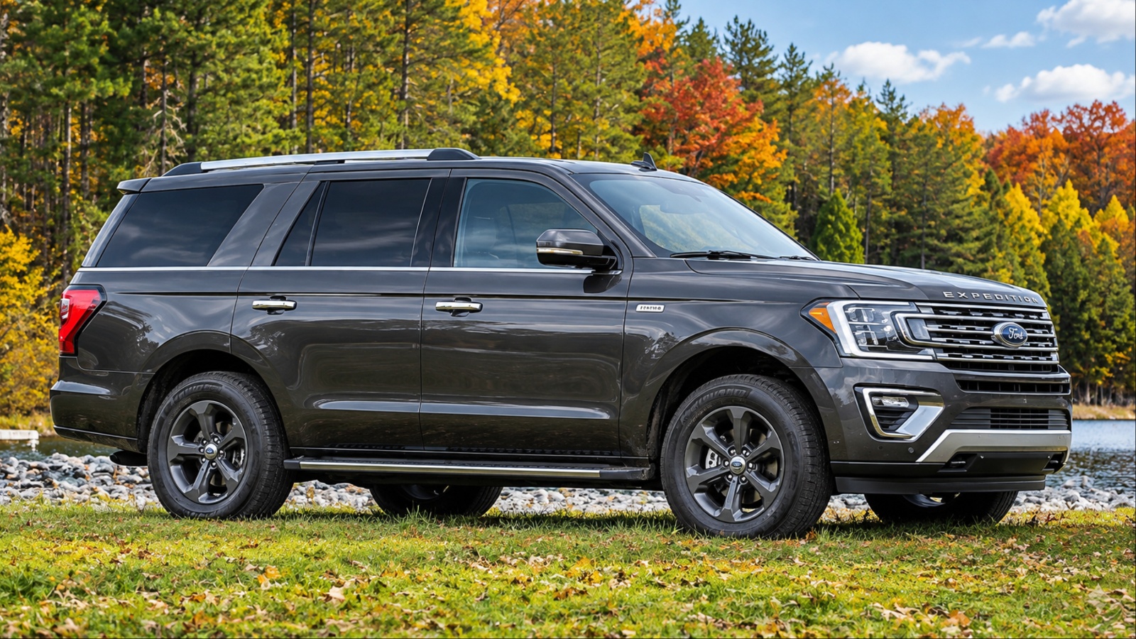 Ford Expedition SUV parked beside a scenic lake in autumn