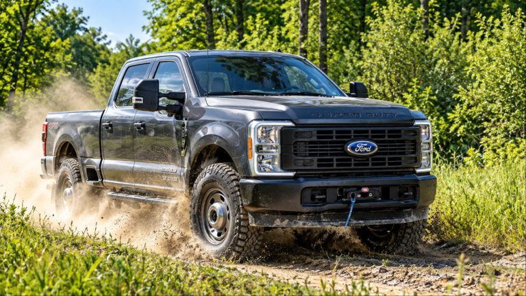 Ford F-250 Super Duty tackling rugged terrain, kicking up dust along a forest trail