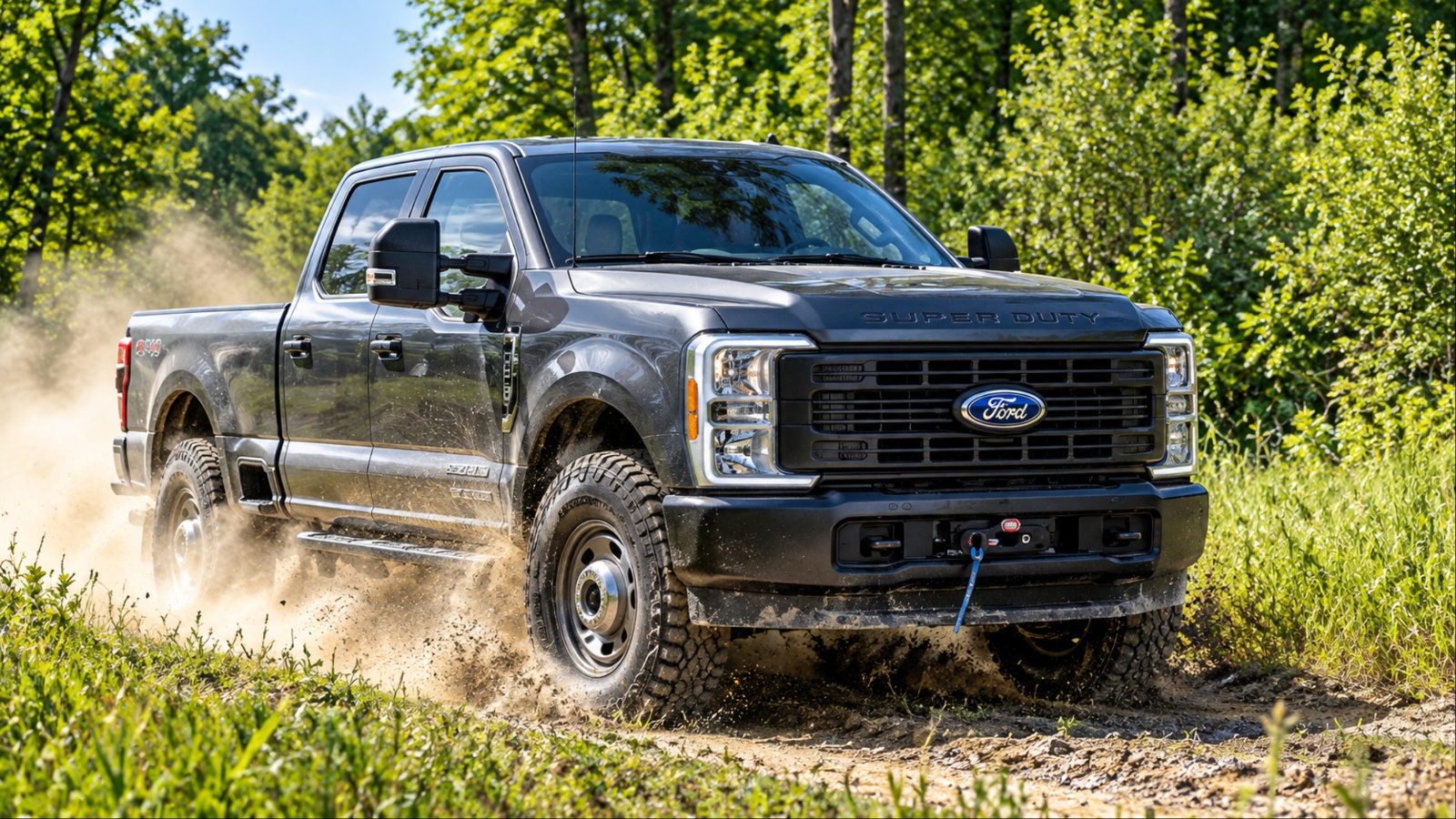 Ford F-250 Super Duty tackling rugged terrain, kicking up dust along a forest trail