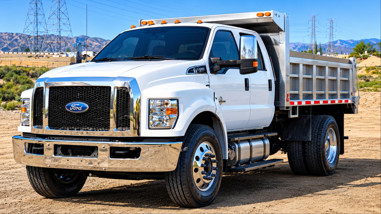 Ford F-650 dump truck parked on a rugged worksite with mountains behind