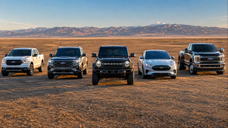 Ford vehicles lined up across a desert landscape with mountains in background