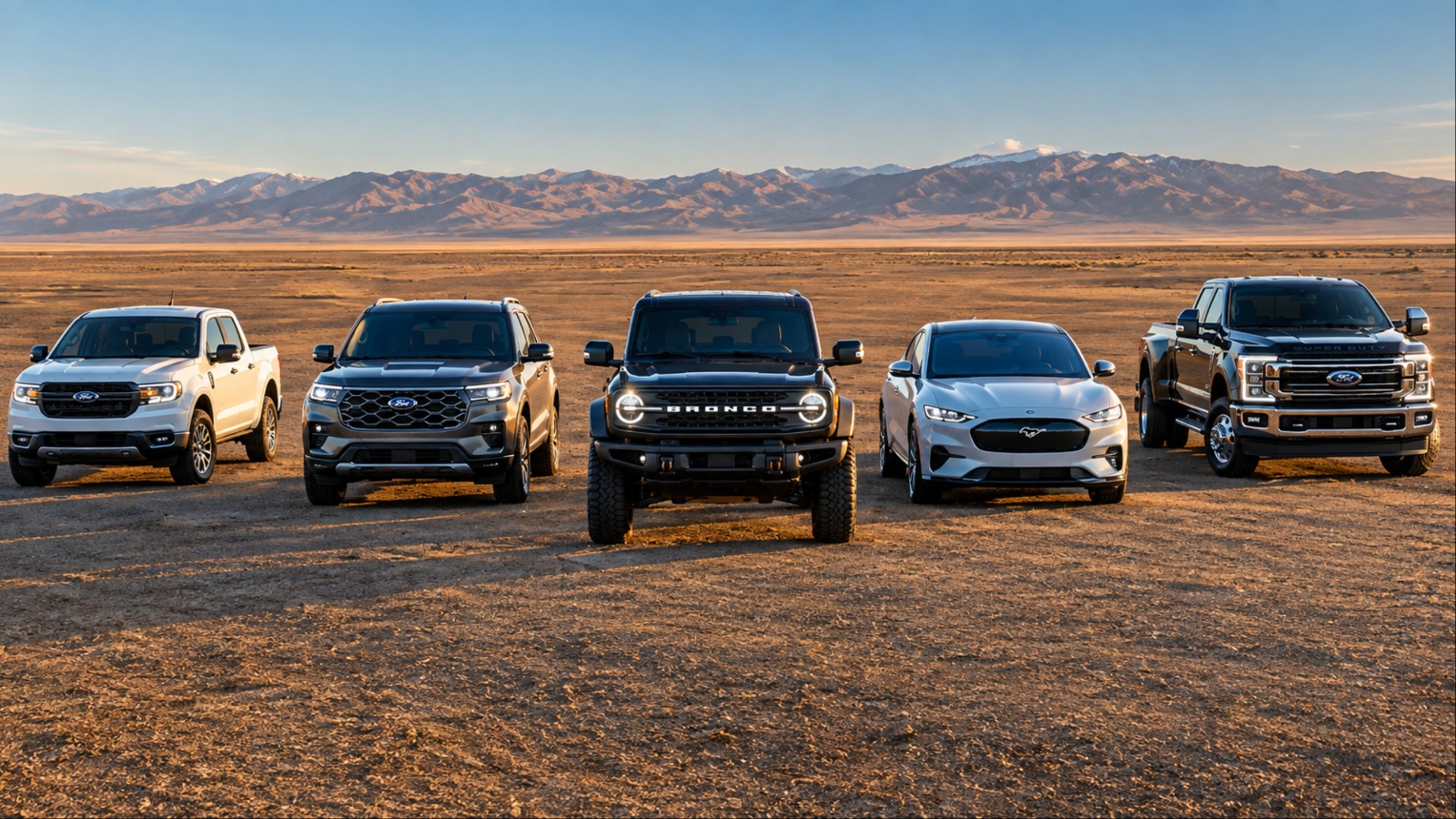 Ford vehicles lined up across a desert landscape with mountains in background