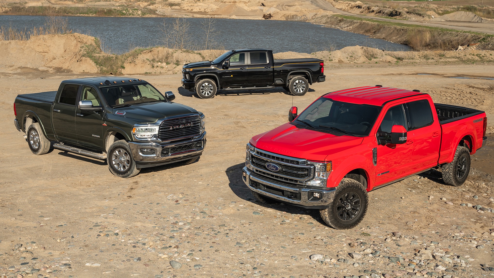 Ford F-250, a Ram 2500 HD, and a Chevrolet Silverado 2500 HD