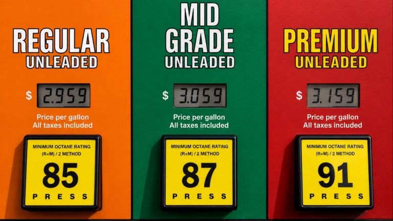 Gas pump showing regular, mid-grade, and premium unleaded fuel options with different octane ratings