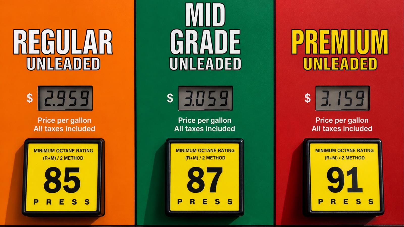 Gas pump showing regular, mid-grade, and premium unleaded fuel options with different octane ratings