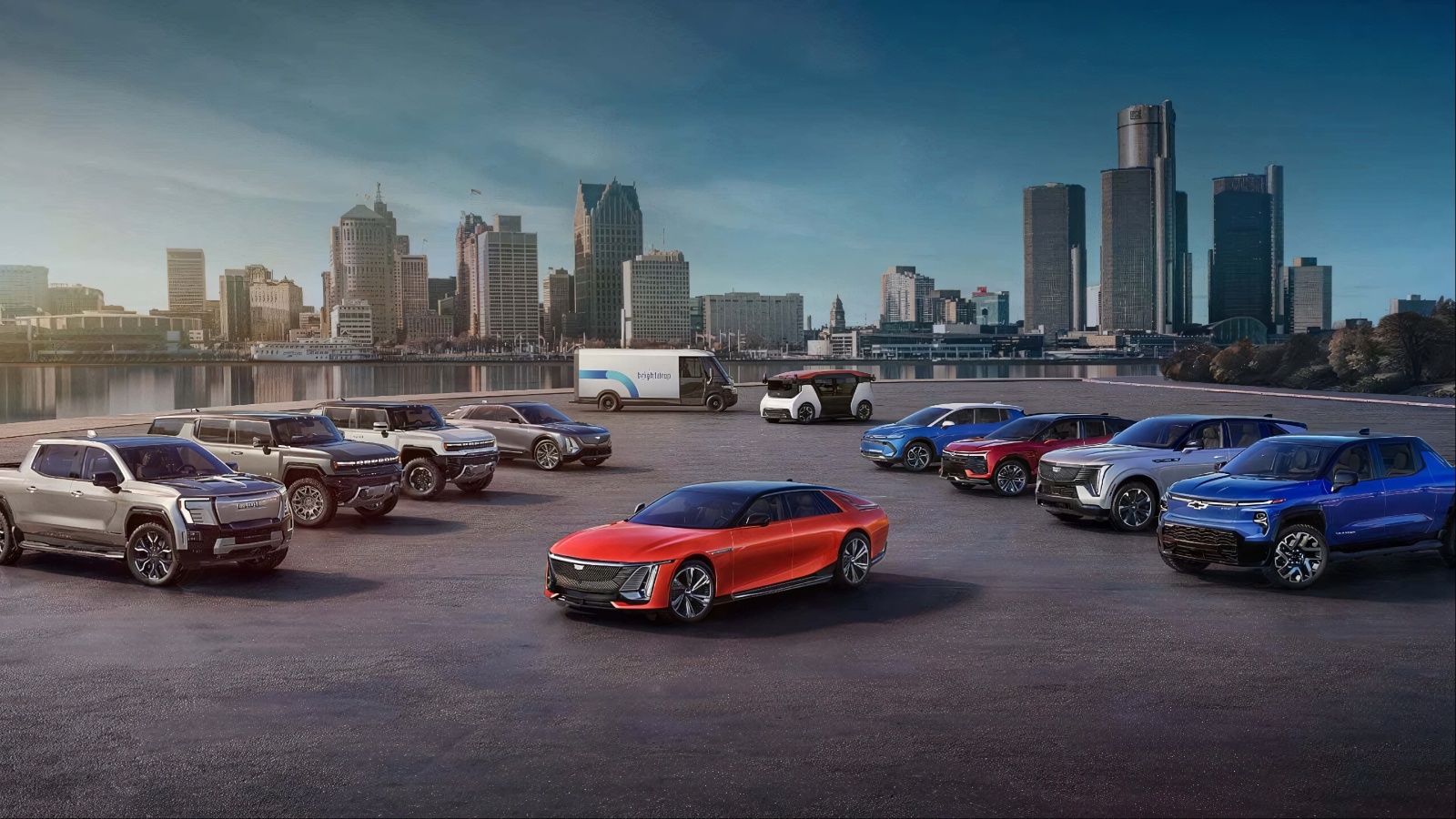 General Motors electric vehicle lineup displayed against a city skyline, featuring SUVs, trucks, sedans, and commercial EVs