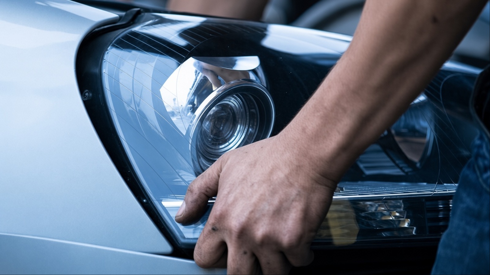 Greasy hand resting on the headlight of a silver car