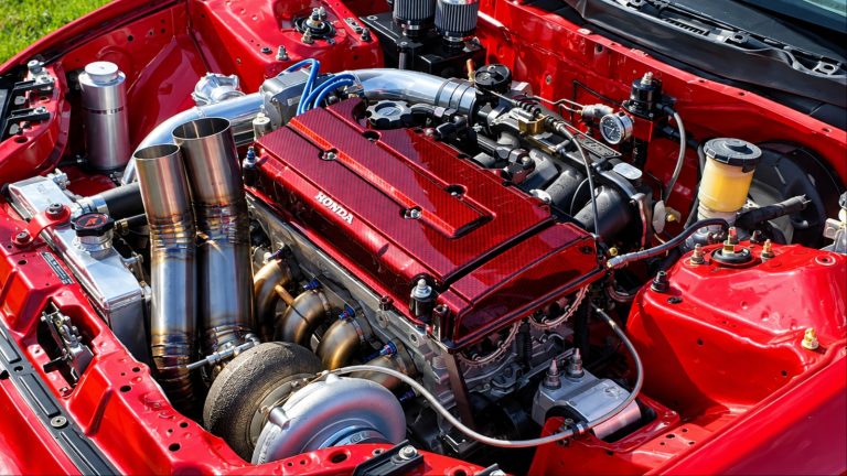 A Honda B series open transmission is shown