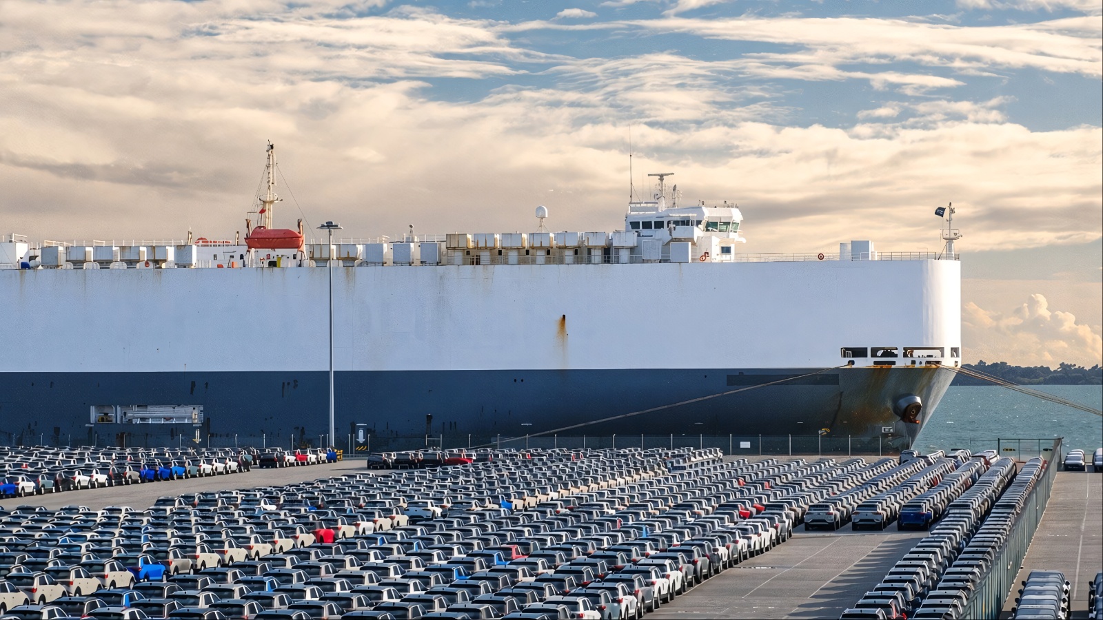 Hundreds of new cars sit at a port, ready for overseas shipment
