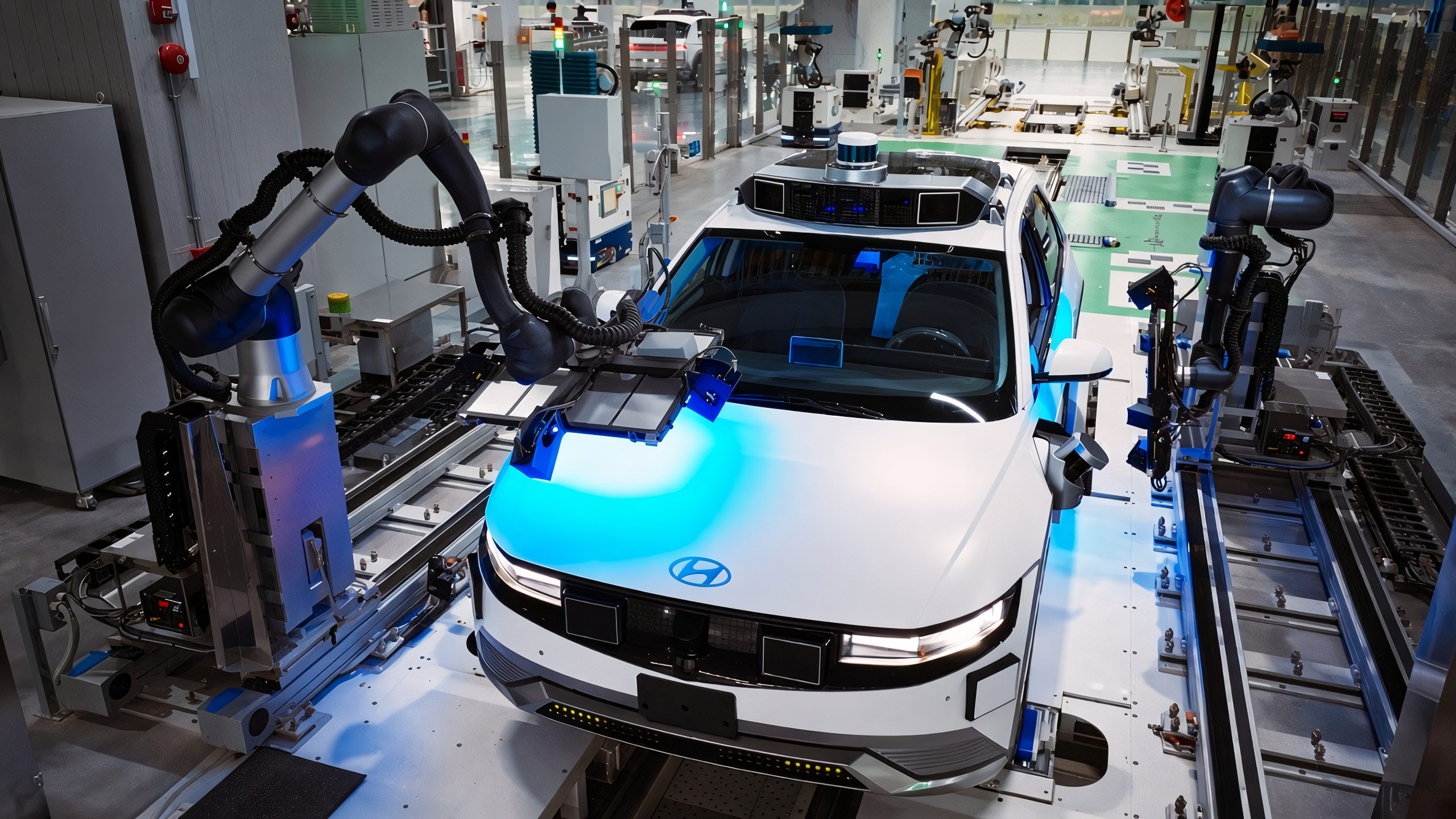 Hyundai Ioniq 5 undergoing automated assembly in a modern factory
