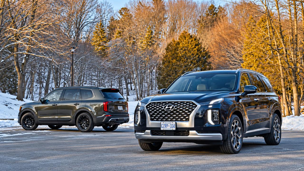 Hyundai Palisade and Kia Telluride face off in a snowy parking area
