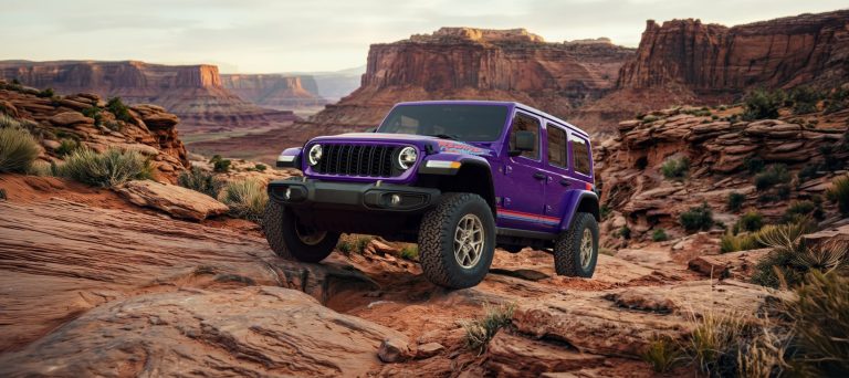 A purple Jeep Wrangler is off roading on a hilly terrain