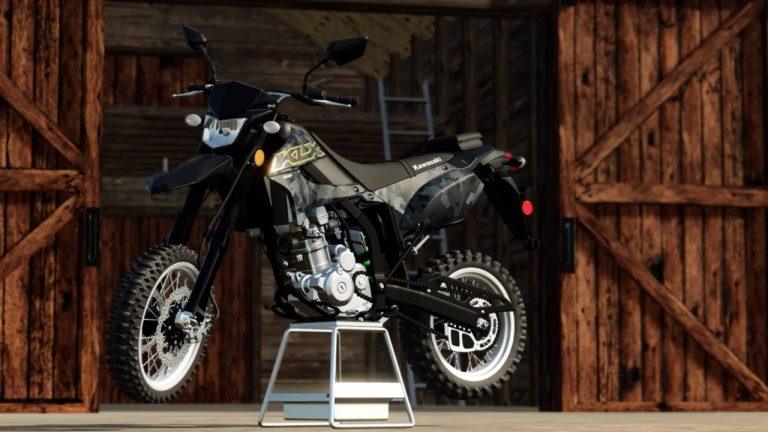 Kawasaki KLX 300 displayed inside a rustic barn, ready for off-road adventures