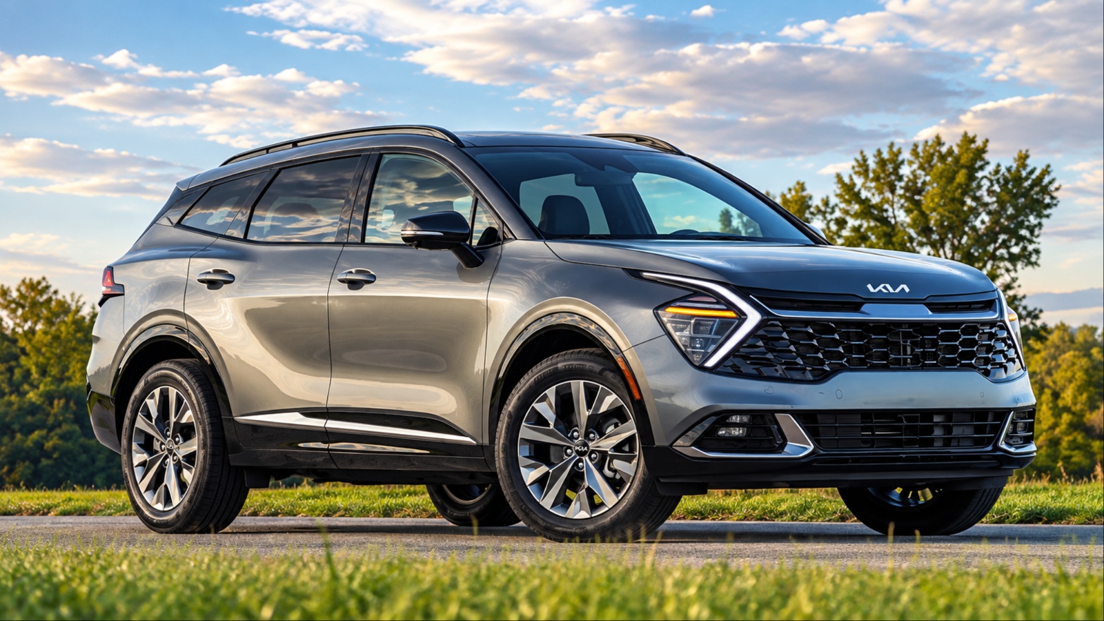 Kia Sportage Hybrid parked on a scenic roadside, showcasing its modern design and rugged styling