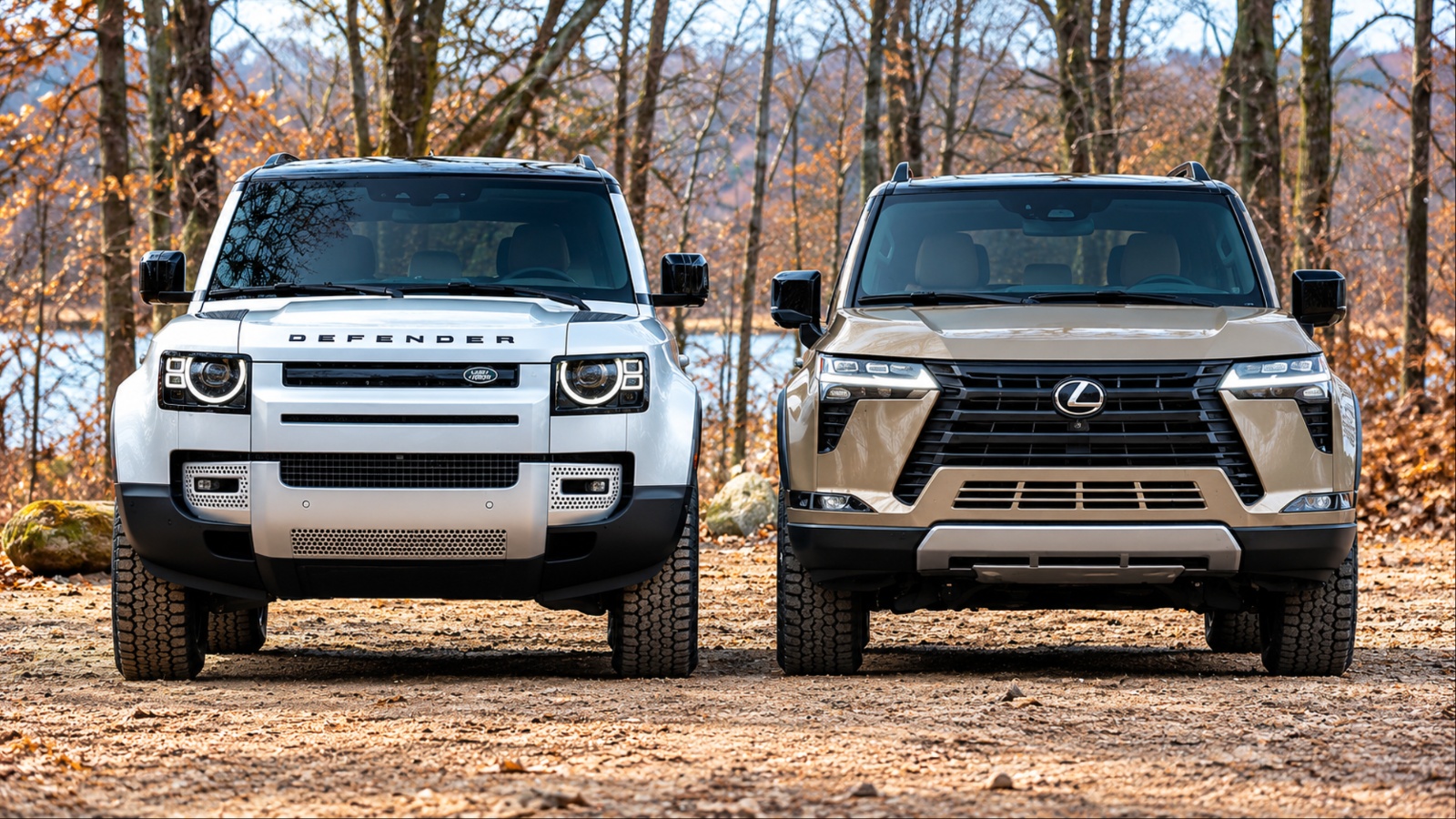 Land Rover Defender and Lexus GX parked side-by-side on woodland terrain