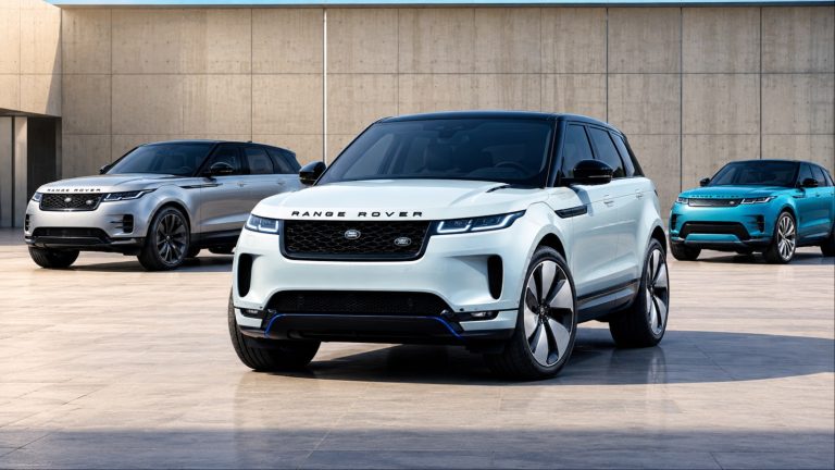 Three modern Land Rover SUVs are showcased in a minimalist indoor setting
