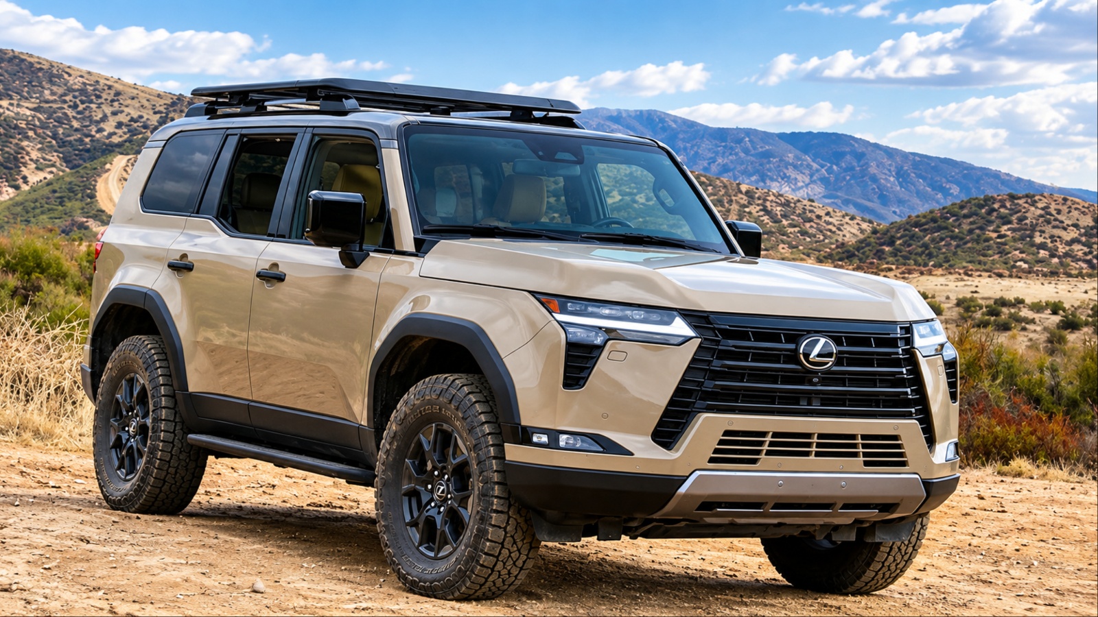 A Lexus GX navigates rugged terrain with a roof rack and off-road tires