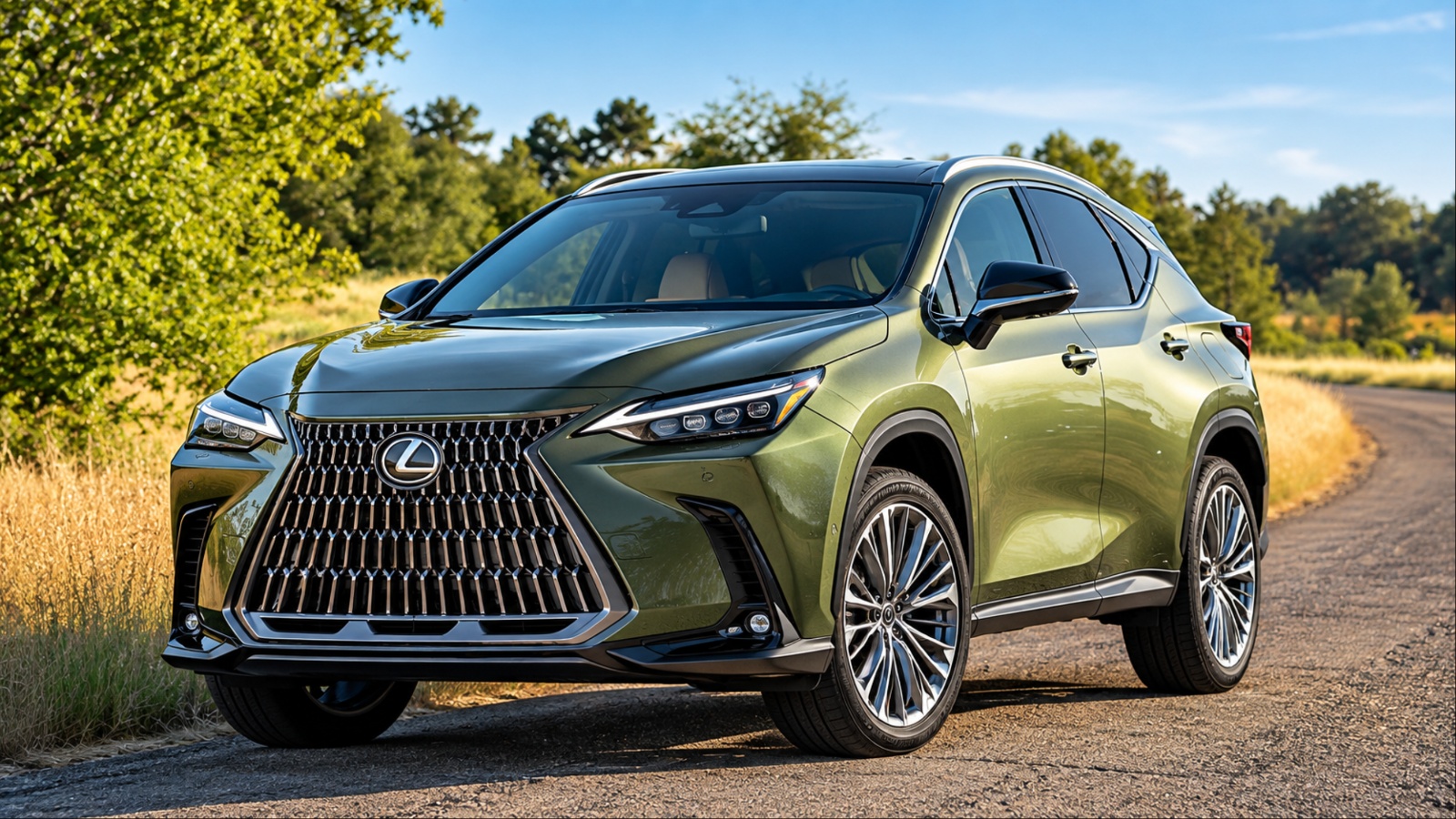 Lexus NX 350h parked on a scenic road surrounded by dry grass and trees