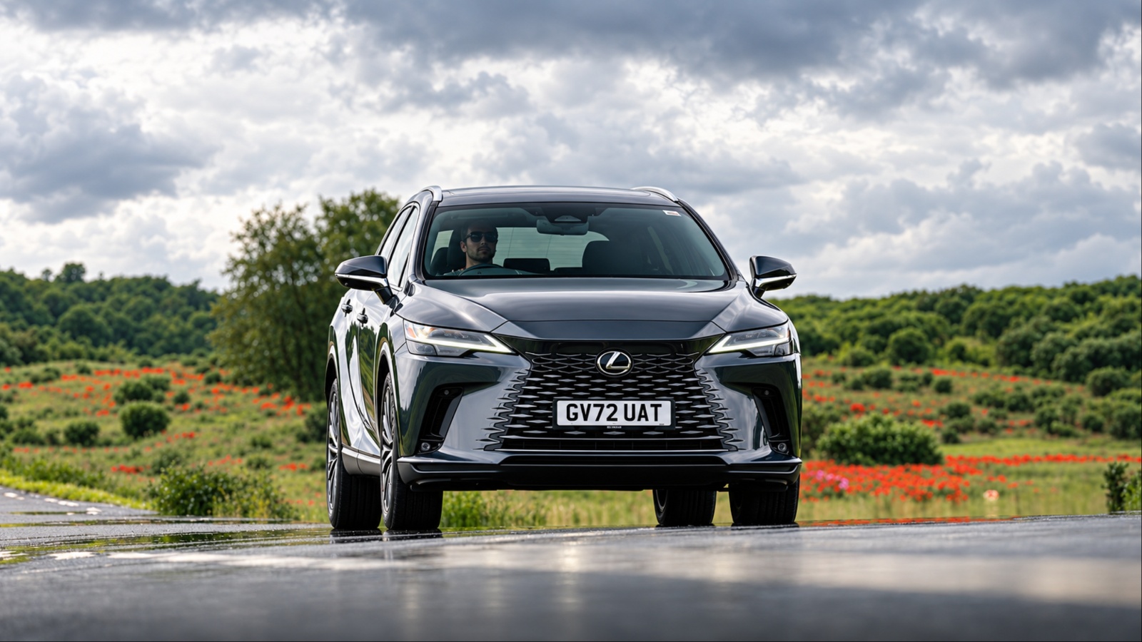 Dark gray Lexus RX SUV driving on wet rural road